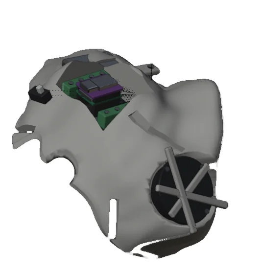 Digital maquette of the detached shell with visible electronic component proxies.