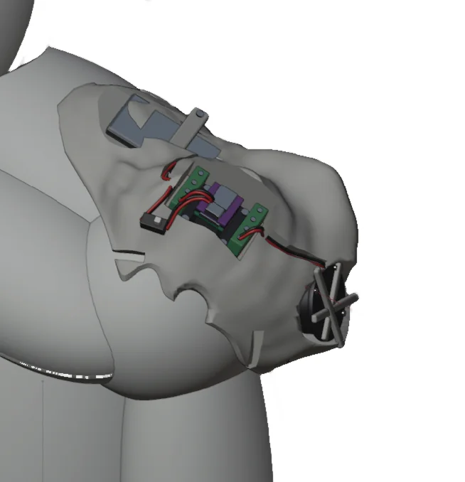 Digital maquette of a sound object following the curve of a shoulder.